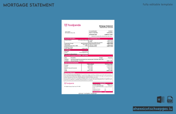 USA New York Foodpanda-Hypothekenabrechnung in Word- und PDF-Formaten – Beispielvorschau